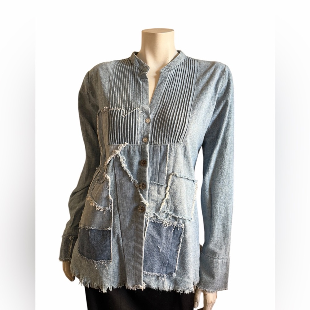 Elliott Lauren Blue  Linen Cotton Patch Denim Textured Shirt Long Sleeve Top SZ4